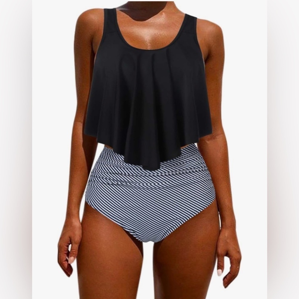 NWOT OMKAGI Ruffle Bikini High Waisted Two-Piece Black & White Size XL